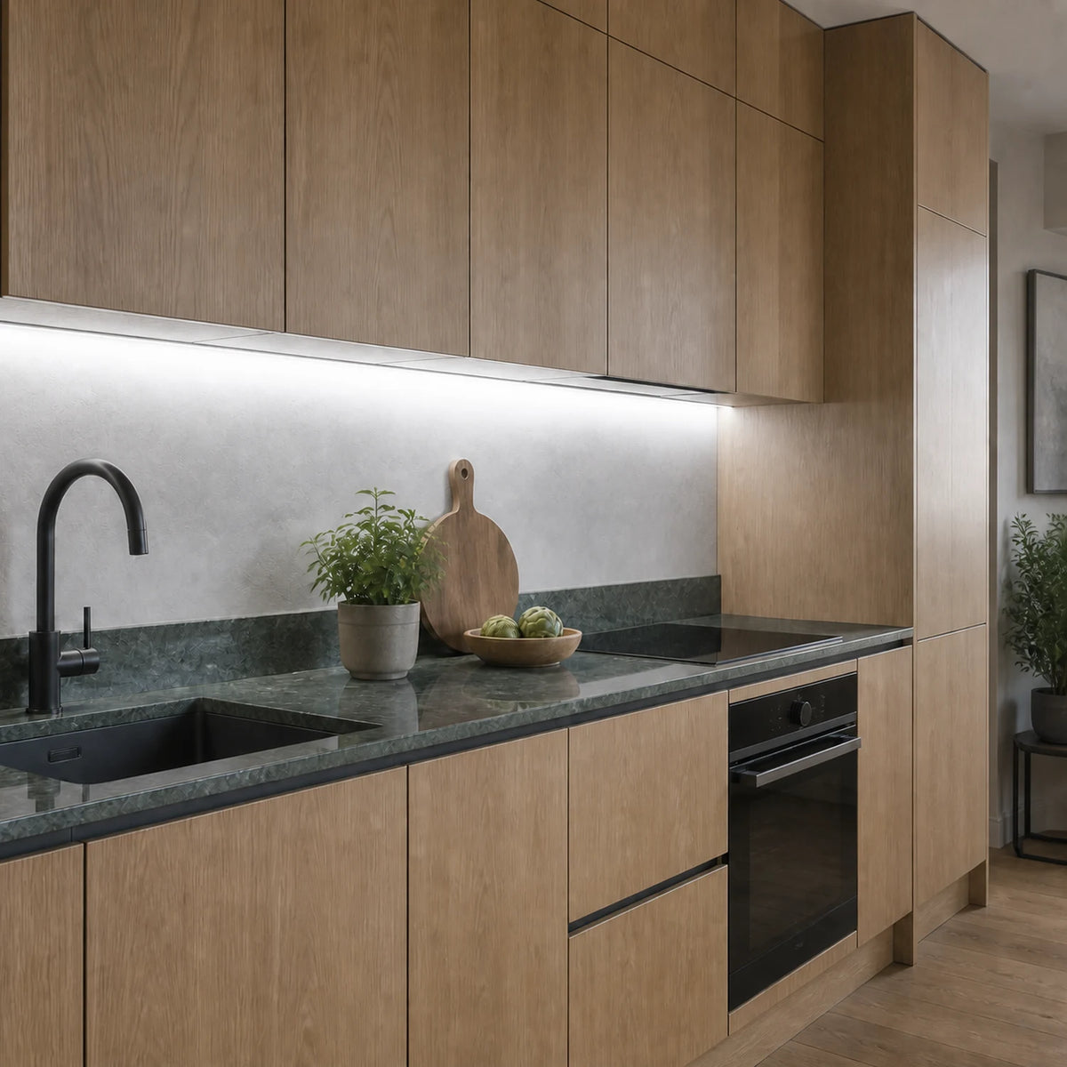 5000K precision under cabinet COB LED strip installed in a modern kitchen — illustrative interior