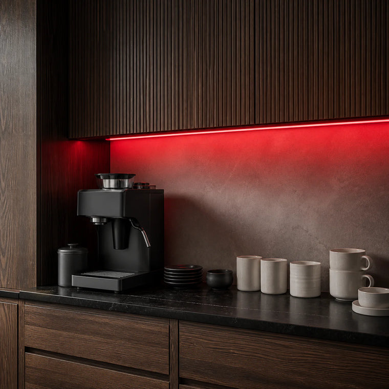 Red kitchen cabinet SCOB LED strip installed in a modern coffee station — illustrative interior