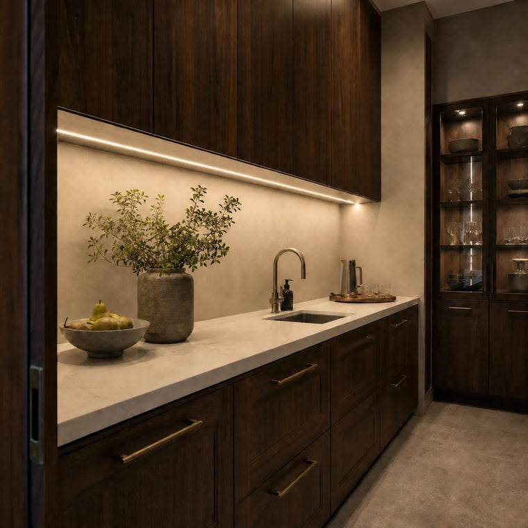 2700K white kitchen cabinet SCOB LED strip installed in a premium kitchen — illustrative interior