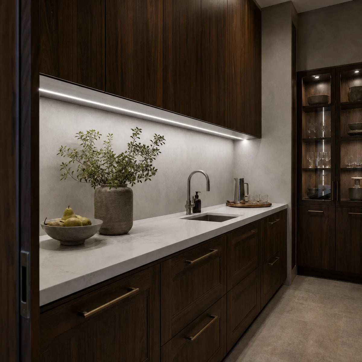 4000K white kitchen cabinet SCOB LED strip installed in a premium kitchen — illustrative interior