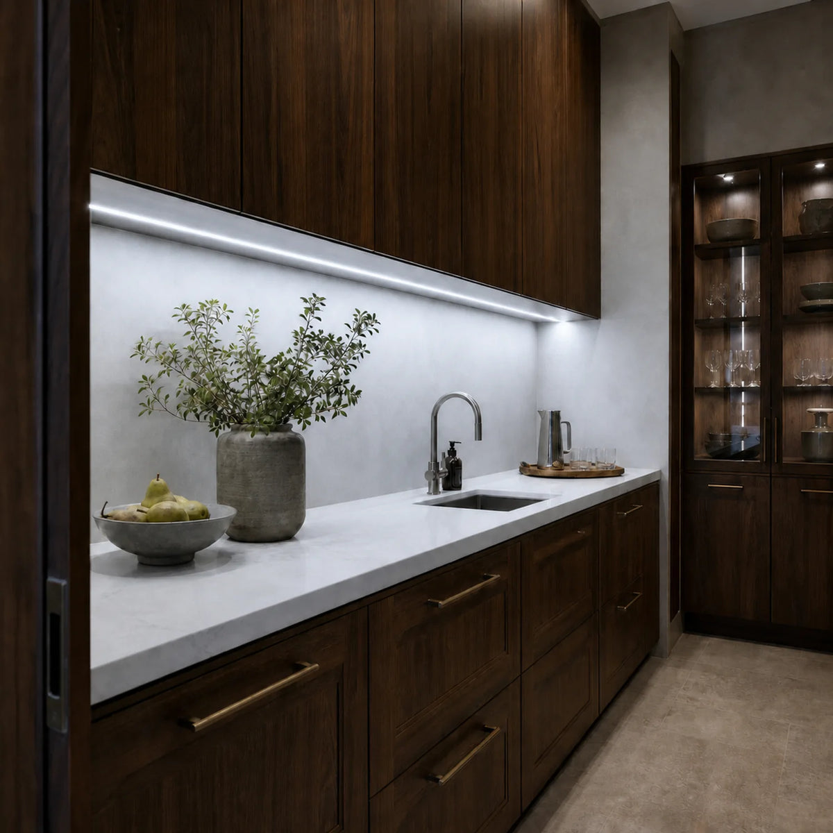5000K white kitchen cabinet SCOB LED strip installed in a premium kitchen — illustrative interior