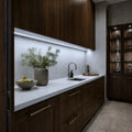 6500K white kitchen cabinet SCOB LED strip installed in a premium kitchen — illustrative interior