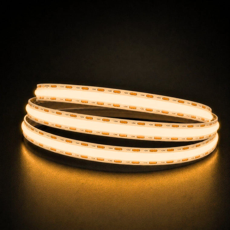Warm White 2700K COB LED strip 24V 10mm 15m run lit reel