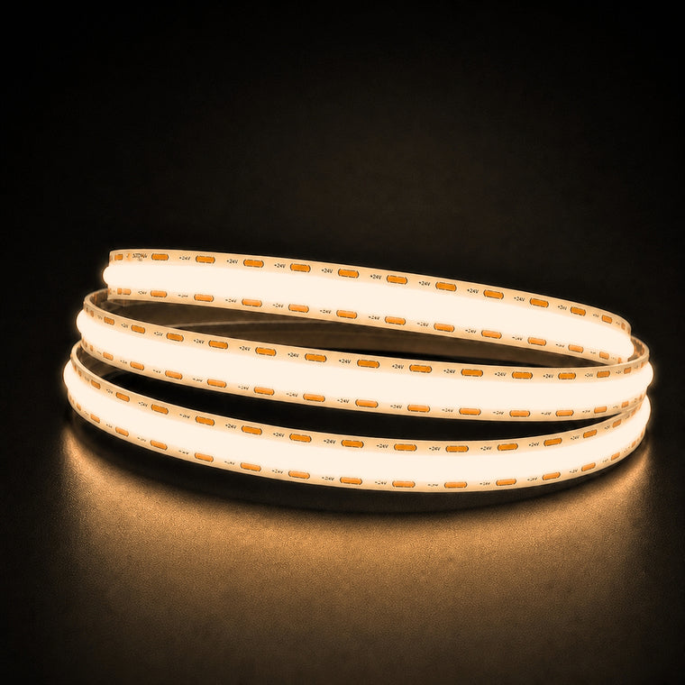Warm White 3000K COB LED strip 24V 10mm 15m run lit reel