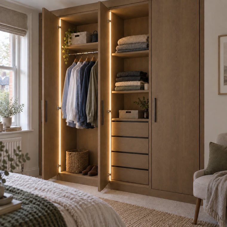 4x6mm FreeCut neon flex 2700K warm white recessed into an oak wardrobe