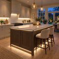4x8mm FreeCut Mini Neon Flex Warm White 3000K recessed under-cabinet and island lighting in an evening kitchen