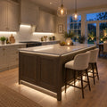 4x8mm FreeCut Mini Neon Flex Natural White 4000K recessed under-cabinet and island lighting in an evening kitchen
