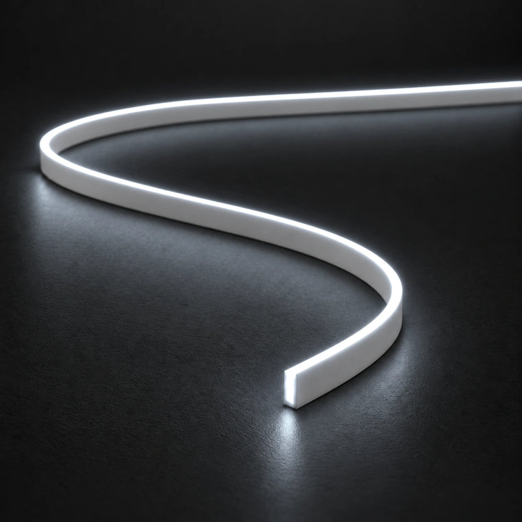 4x10mm FreeCut mini neon flex in cool white 6000K, curved on a dark surface — illustration