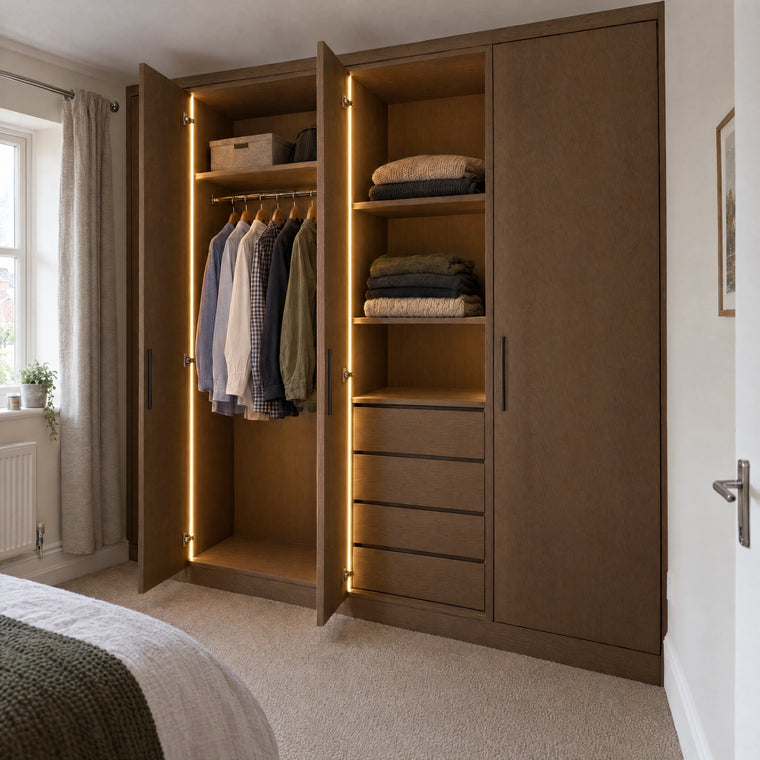 Recessed wardrobe lighting with 4x10mm FreeCut neon flex in warm white 2700K — illustration