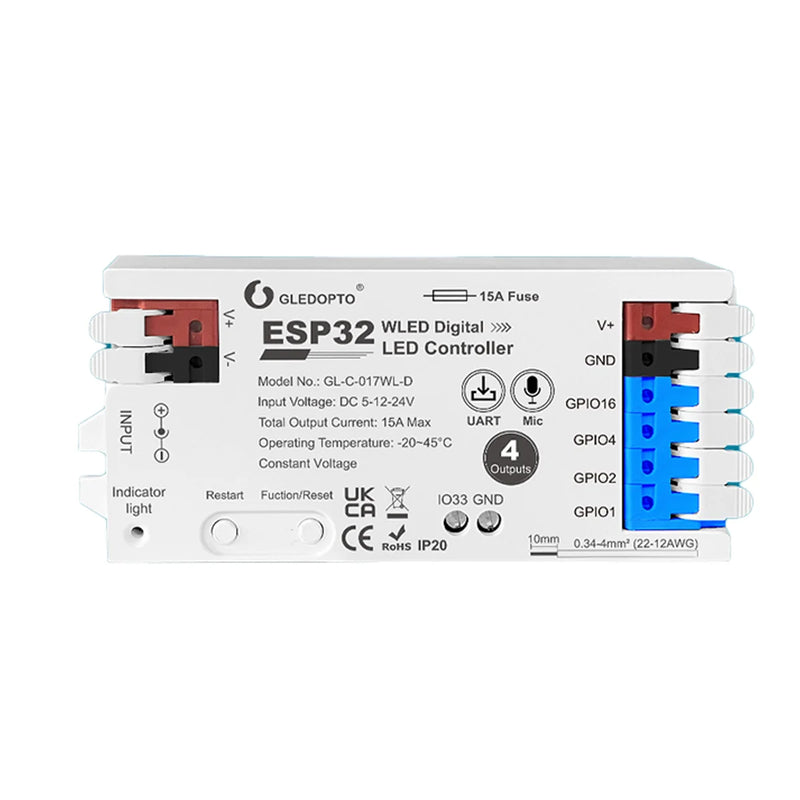 GLEDOPTO ESP32 WLED Digital LED Controller with 4 Channel With Mic/UART WIFI GL-C-017WL-D