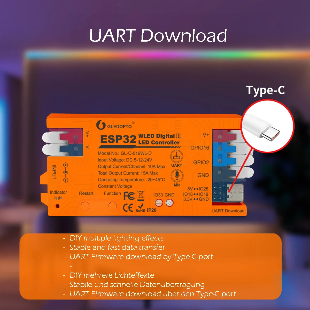 GLEDOPTO ESP32 WLED Digital Pixel LED Controller With Mic/UART WIFI GL-C-016WL-D