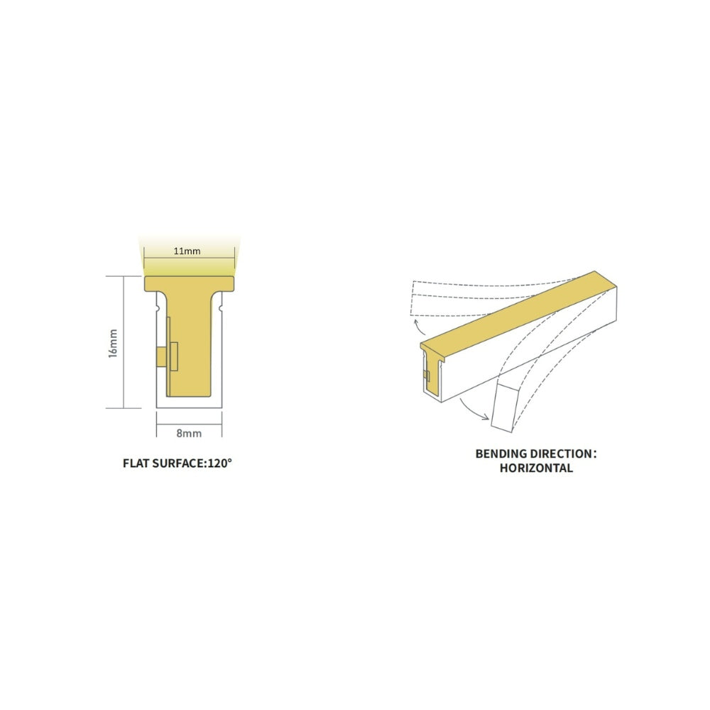 8x16mm IP67 LED neon flex — dimensions, cut points and bending direction diagram