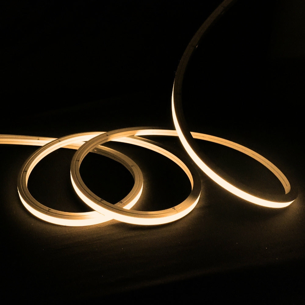 Vertical bend LED neon flex along stair nosings, 2700K warm white 10x10mm 48V