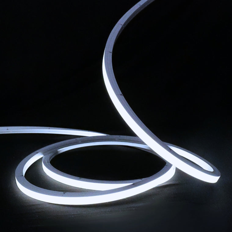 6000K cool white 10x10mm vertical bend top bend LED neon flex, 48V IP67, switched on