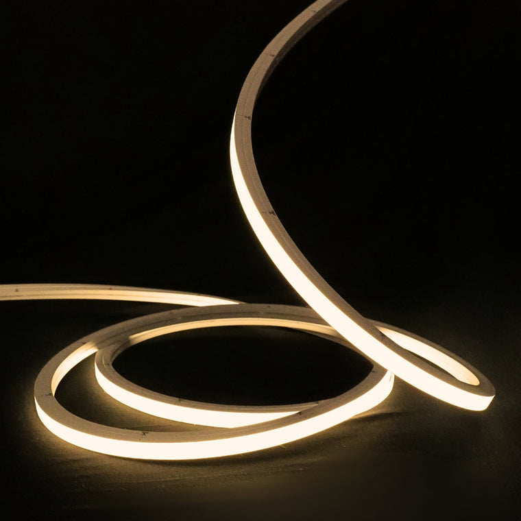 3000K warm white 10x10mm vertical bend top bend LED neon flex, 48V IP67, switched on