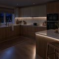 3x6mm mini neon flex in 4000K, recessed into a kitchen in a darker evening view — illustration