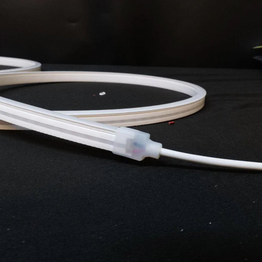 Natural White 4000K neon flex 8x16mm — outdoor garden installation under pergola or fence