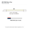 48V RGB neon flex cutting diagram: 100mm (10cm) cut intervals, 15m maximum single-feed run and four-core PWM RGB connection