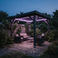 Purple RGB neon flex beneath the beams of a roofed outdoor garden seating area