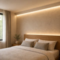 Illustrative indoor bedroom cove installation showing Warm White 2700K SCOB LED strip lighting