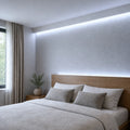 Illustrative indoor bedroom cove installation showing Cool White 6500K SCOB LED strip lighting