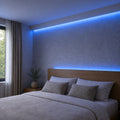 Illustrative indoor bedroom cove installation showing Blue SCOB LED strip lighting