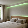 Illustrative indoor bedroom cove installation showing Green SCOB LED strip lighting