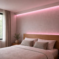 Illustrative indoor bedroom cove installation showing Pink SCOB LED strip lighting