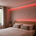 Illustrative indoor bedroom cove installation showing Red SCOB LED strip lighting