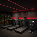 Red SCOB LED strip lighting installed in a modern cardio area — illustrative interior