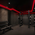Red SCOB LED strip lighting installed in a modern gym — illustrative interior