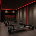 Red SCOB LED strip lighting installed in a modern Pilates studio — illustrative interior