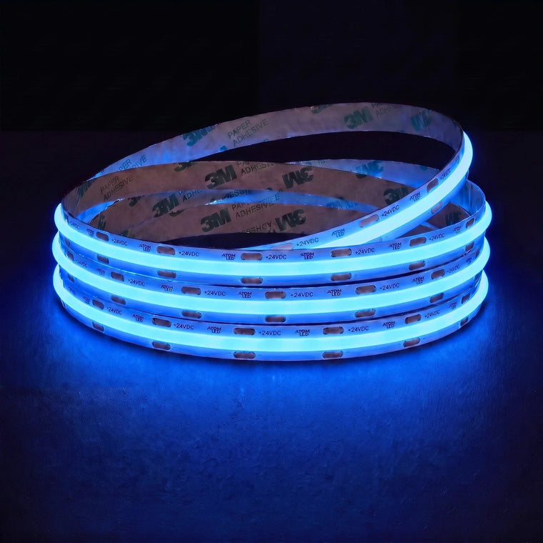 Blue SCOB LED Strip 24V 10mm 272LEDs/m IP20 29.4mm Cut 10m Run illuminated product reel
