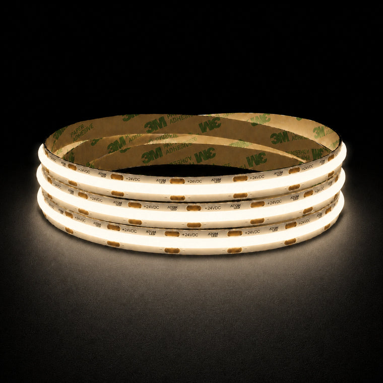 Warm white 3000K COB LED strip 24V 10mm dotless lit reel