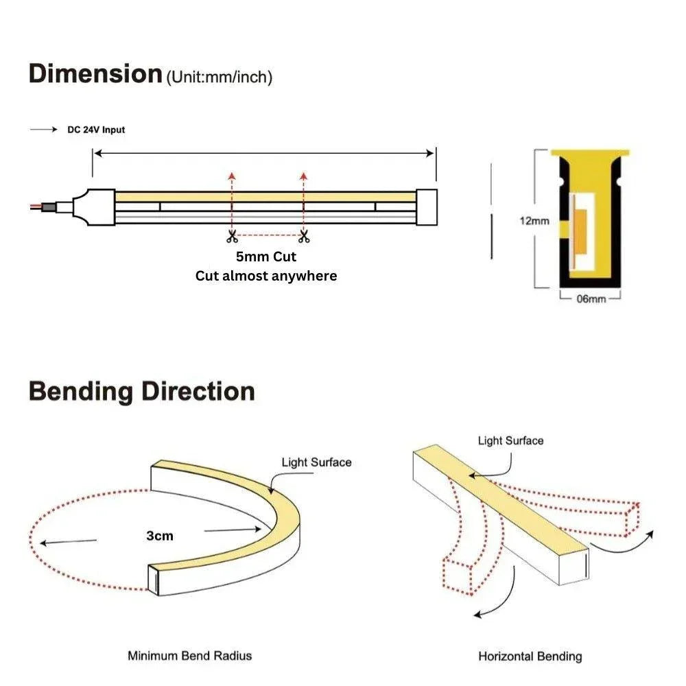 Dimensions and bending direction — 6x12mm IP67 LED neon flex