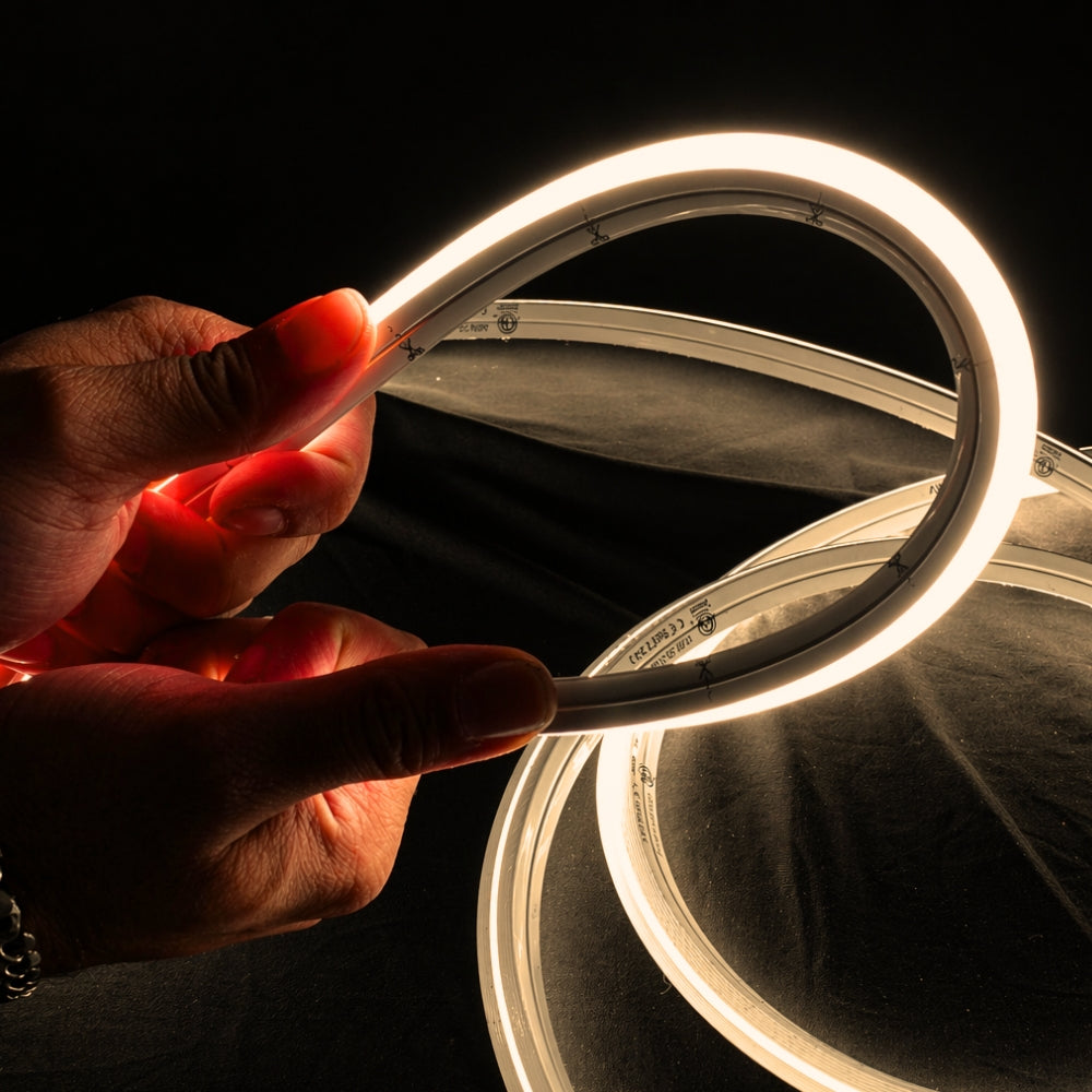 Warm White 3000K 10x10mm dual bend neon flex close-up — IP67 silicone body