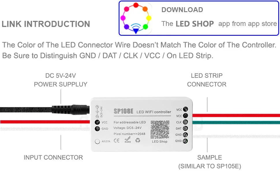 SP108E WiFi Controller DC 5V-24V for SK6812 SK6812-RGBW WS2812 WS2813 WS2811 AL2815 Digital Pixel Strip Light &  Neon Flex - ATOM LED