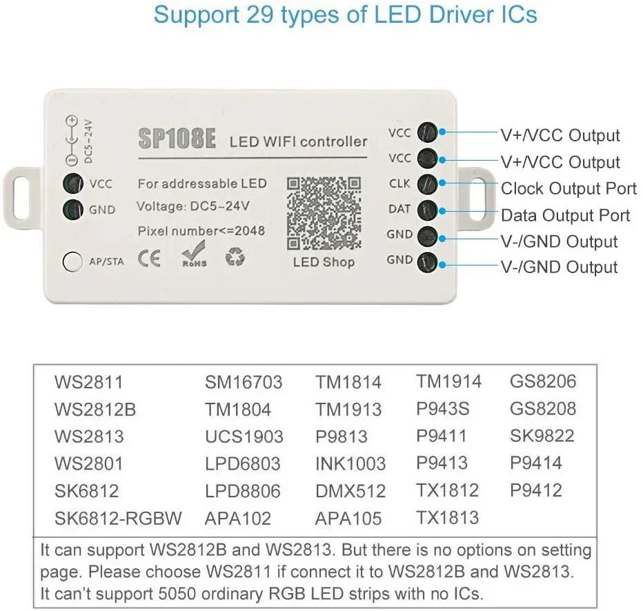 SP108E WiFi Controller DC 5V-24V for SK6812 SK6812-RGBW WS2812 WS2813 WS2811 AL2815 Digital Pixel Strip Light &  Neon Flex - ATOM LED