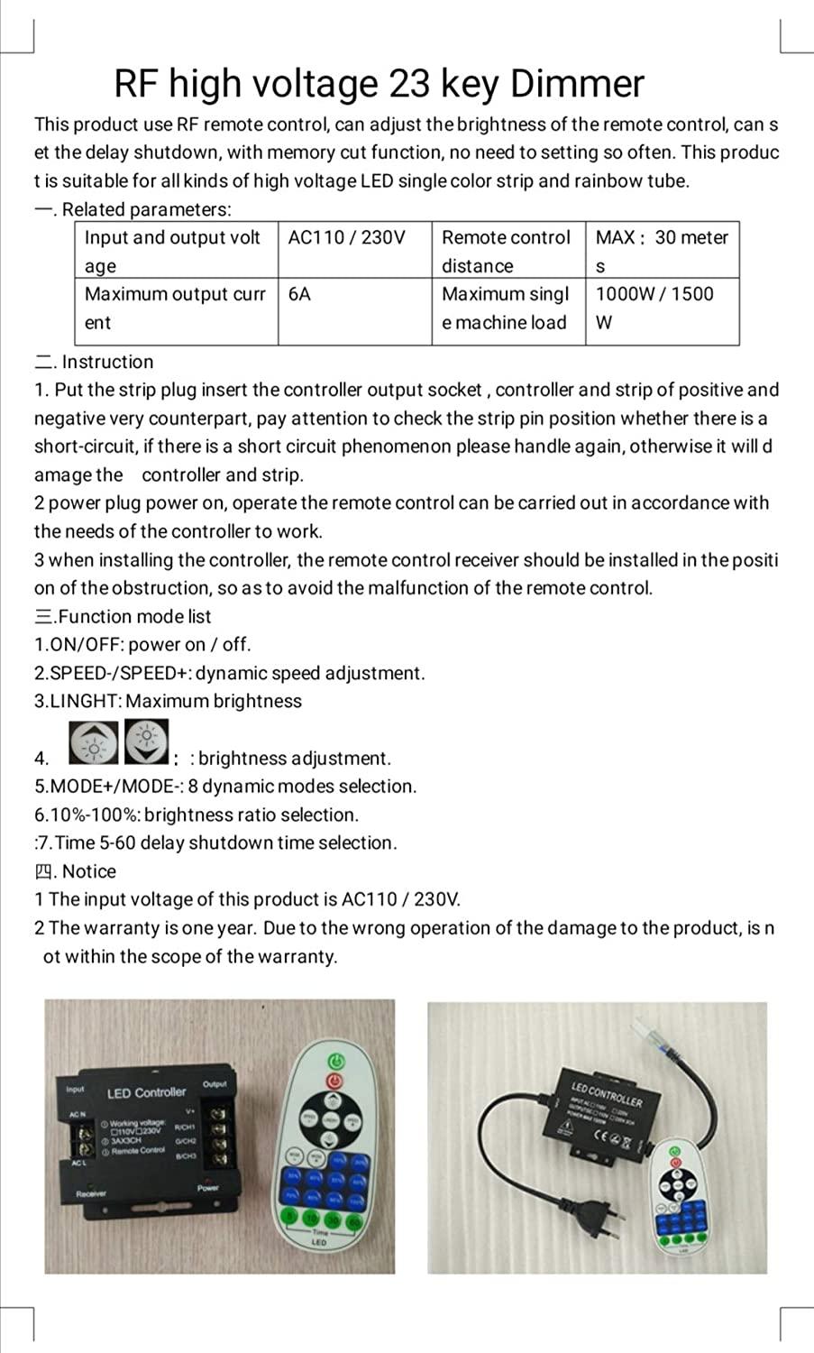 Single Colour Neon Flex AC 220 240V 8x16mm WIFI Dimmer Controller with 23-Key RF Remote Control 1500W for Brightness Adjustment - ATOM LED