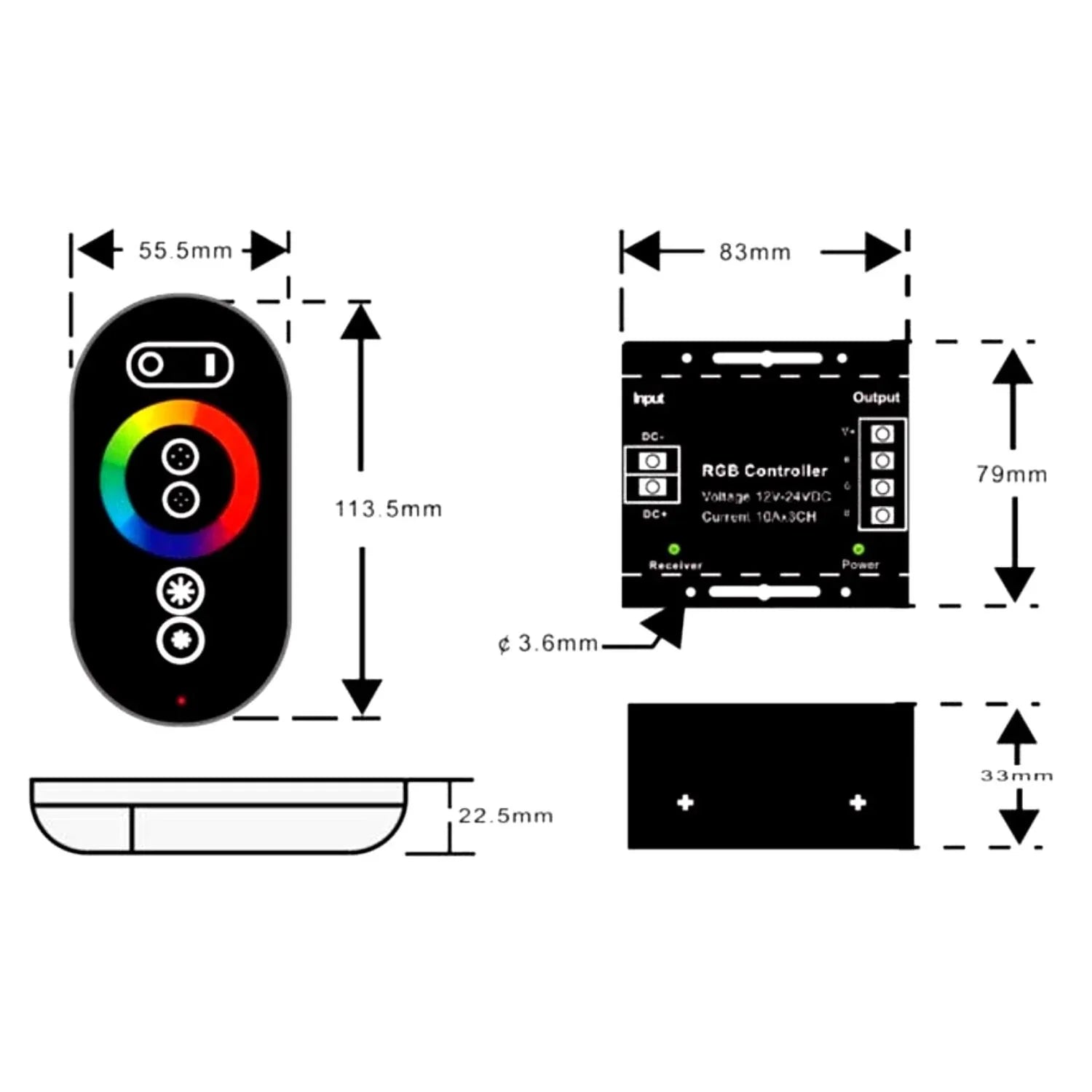 12V/24V RGB LED Strip Controller with Touch Remote 18A 3 Channel RGB LED Controller with RF Remote Control - ATOM LED
