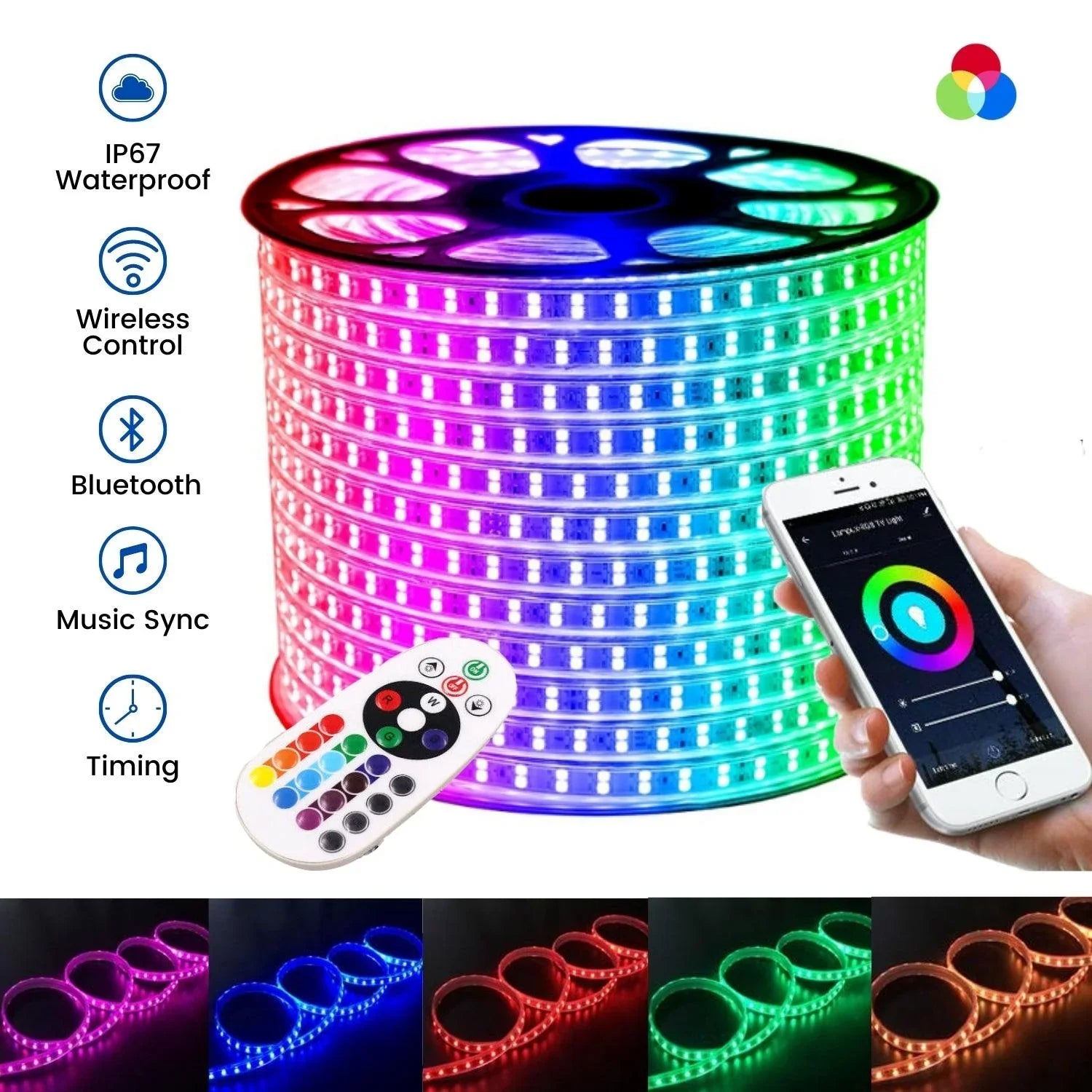 RGB LED Strip 220V 240V 120 LEDs/m IP67 Waterproof WIFI App Control Work With Google & Alexa - ATOM LED