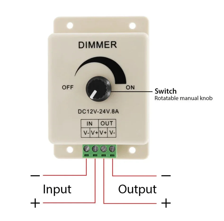 LED Strip & Neon Flex Dimmer Switch DC 12V 24V 8A Adjustable Brightness Single Colour - ATOM LED