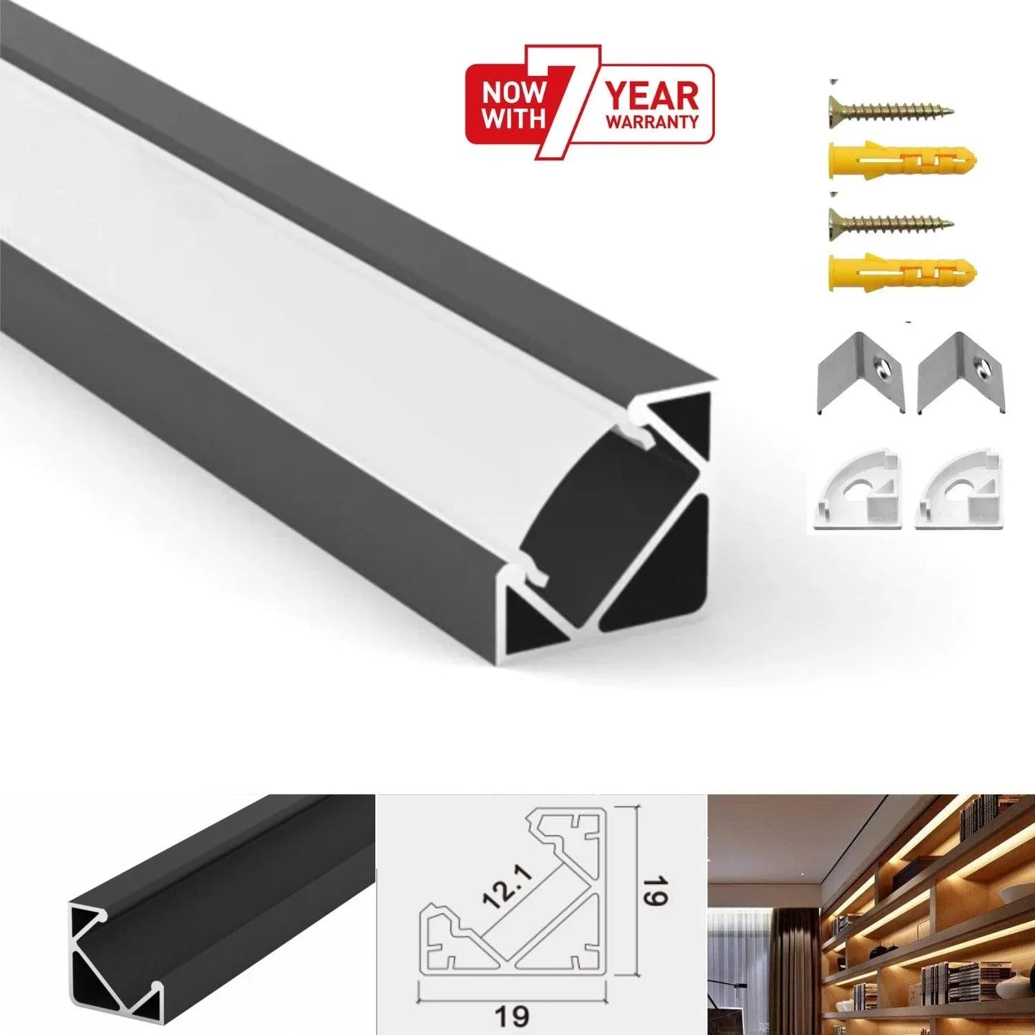 LED Strip Aluminium Corner Profile Black Milky Cover Channel 19x19mm - ATOM LED