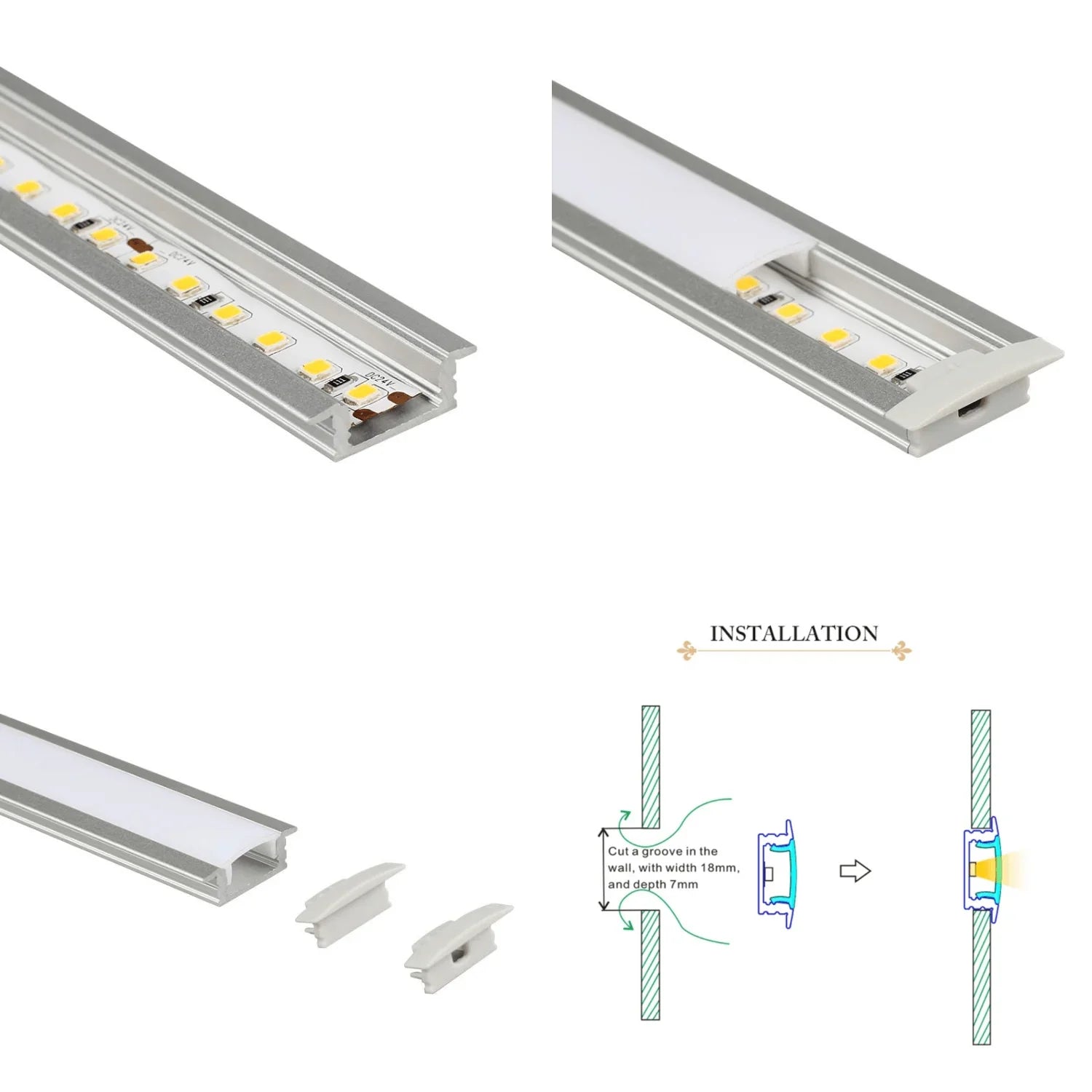 LED Strip Light Aluminium Recessed Profile Milky Cover Cabinet LED Channel - ATOM LED