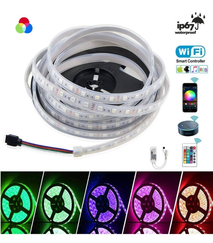 RGB LED Strip 5050 12V WiFi Control RGB LED Strip IP67 Waterproof 300LEDs  5m Full Kit Compatible with Alexa and Google Home