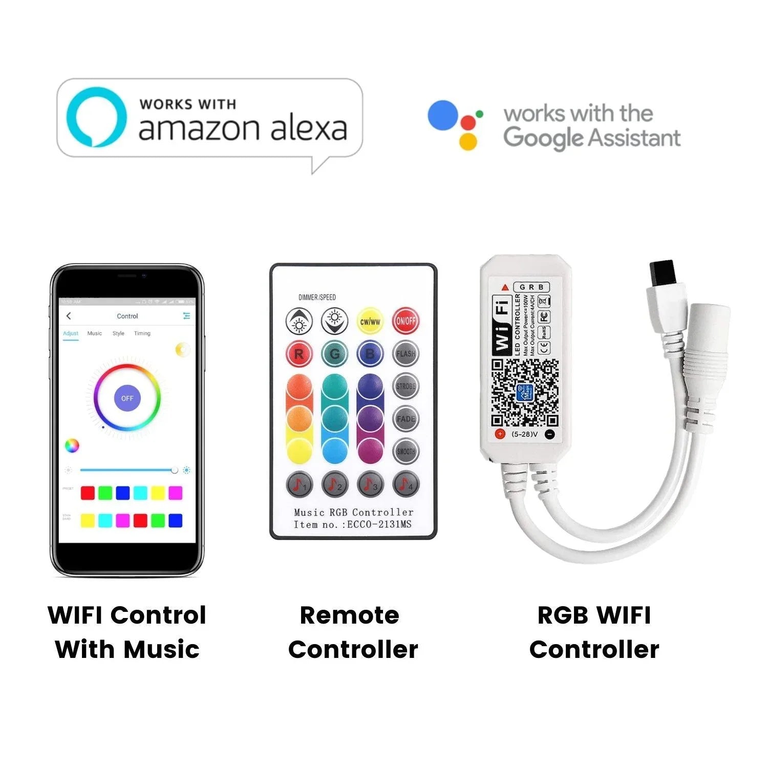 RGB LED Strip 5050 12V WiFi Control RGB LED Strip IP67 Waterproof 300LEDs 5m Full Kit Compatible with Alexa and Google Home - ATOM LED