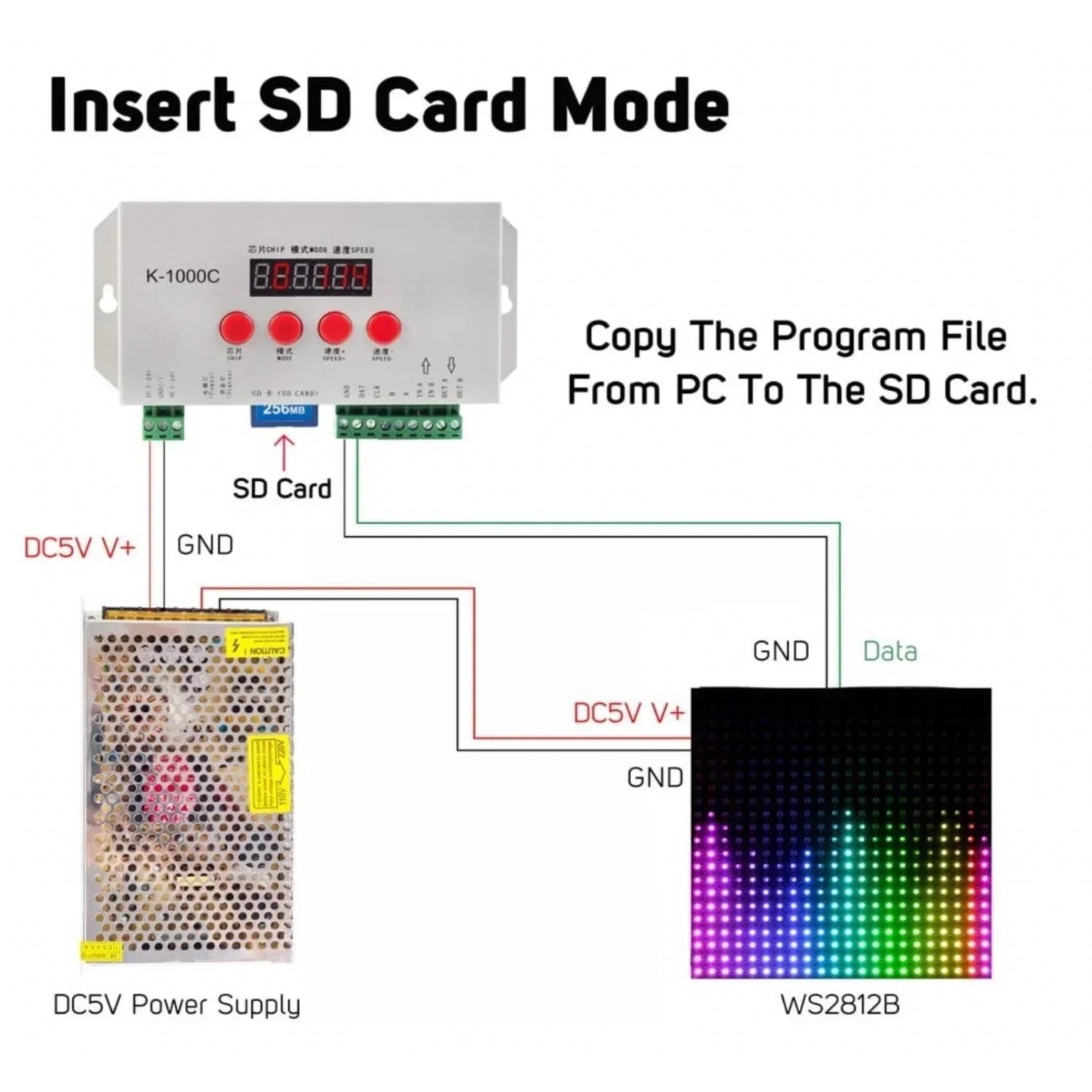 Digital RGB Pixel Controller K-1000C (T-1000S Updated) WS2812B WS2815 SK6812 WS2811 WS2801 LED Strip LED Matrix LED String 1536 Pixels Controller DC5-24V Addressable Programmable Controller with SD Card - ATOM LED