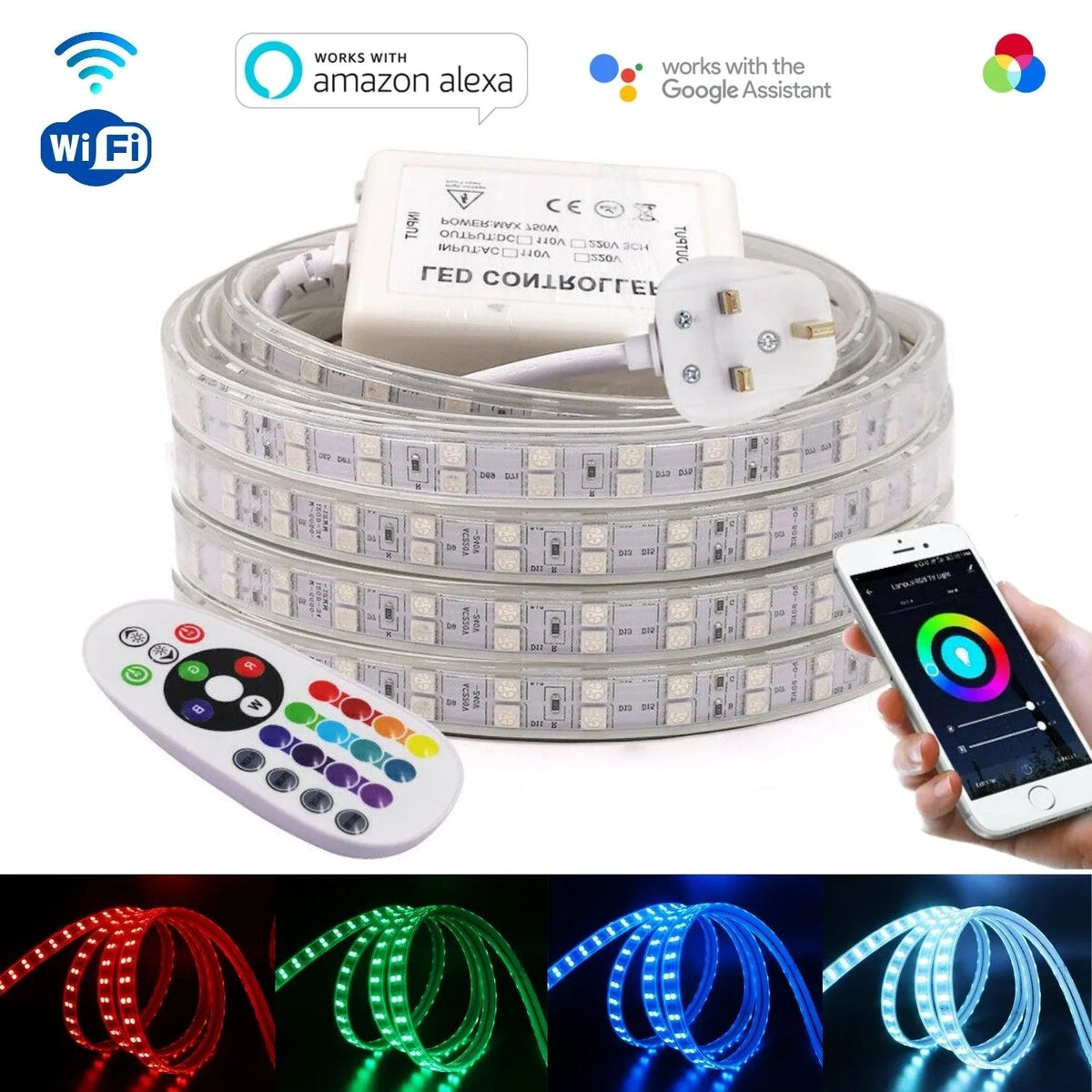 RGB LED Strip 220V 120 LEDs/m IP65 Waterproof Wireless Bluetooth App ...