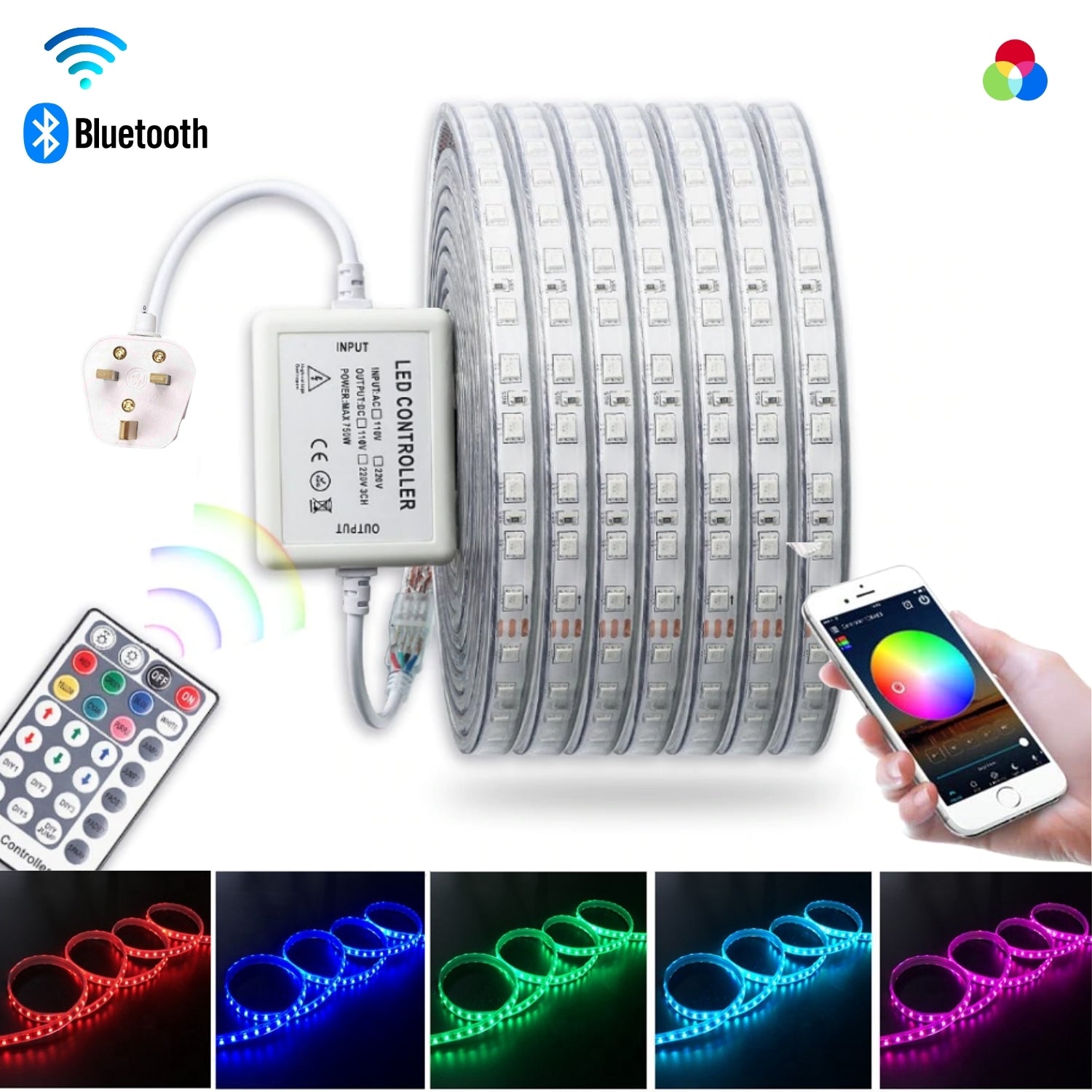 RGB LED Strip Light 220V IP67 Wireless Bluetooth App Control with Remote 60 LED/m - ATOM LED