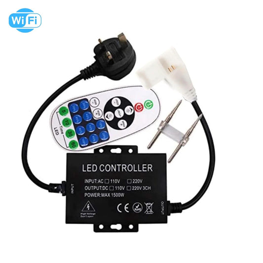 Single Colour Wireless Neon Flex AC 220 240V 8x16mm WIFI Dimmer Controller with 23-Key RF Remote Control 1500W for Brightness Adjustment - ATOM LED